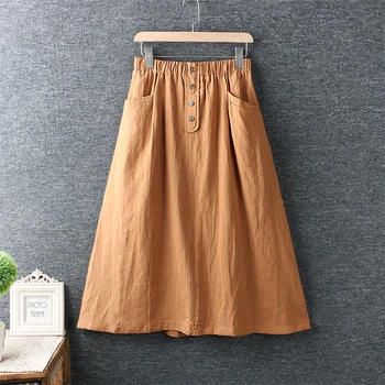

Skirts womens 2020 elastic waist cotton linen loose long skirts solid double pockets female skirt