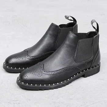 

men luxury fashion party nightclub dress brogue chelsea boots genuine leather carving bullock shoes rivets ankle boot zapatillas