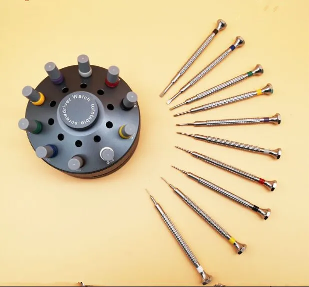 Cheap Stainless Steel Special Profile Screwdriver Set of 10 on Rotating Stand for Watch Repair