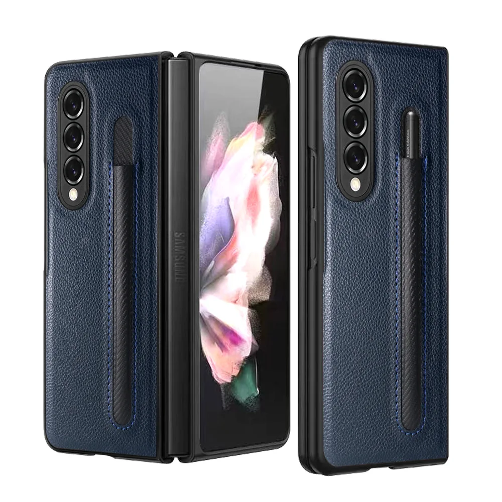 Fashion Leather Lychee pattern Pen slot case for Samsung Galaxy Z Fold 3 PU+PC Cover Anti-knock luxury Cases for Fold3 F9260 samsung z flip3 case