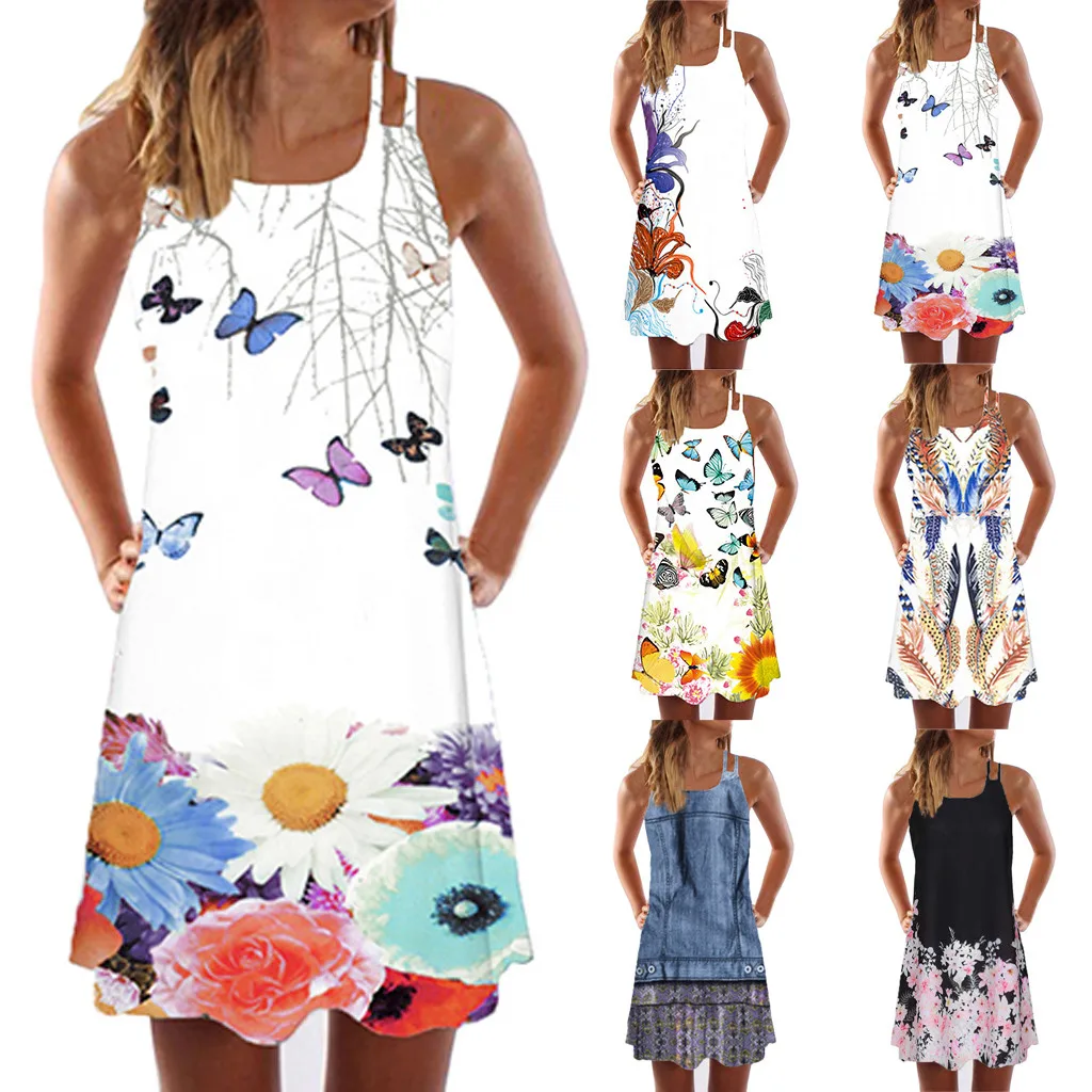 

Women Dress Vintage Boho Women Summer Sleeveless Beach Party Holiday Printed Short Mini Dress High Quality  