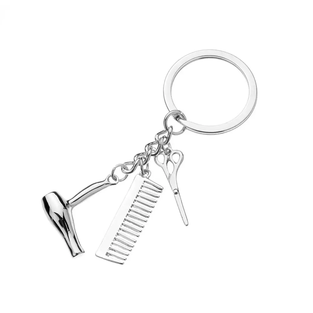 Men Women Hairdresser Scissors Comb Hair Dryer Pendant Keychain Key