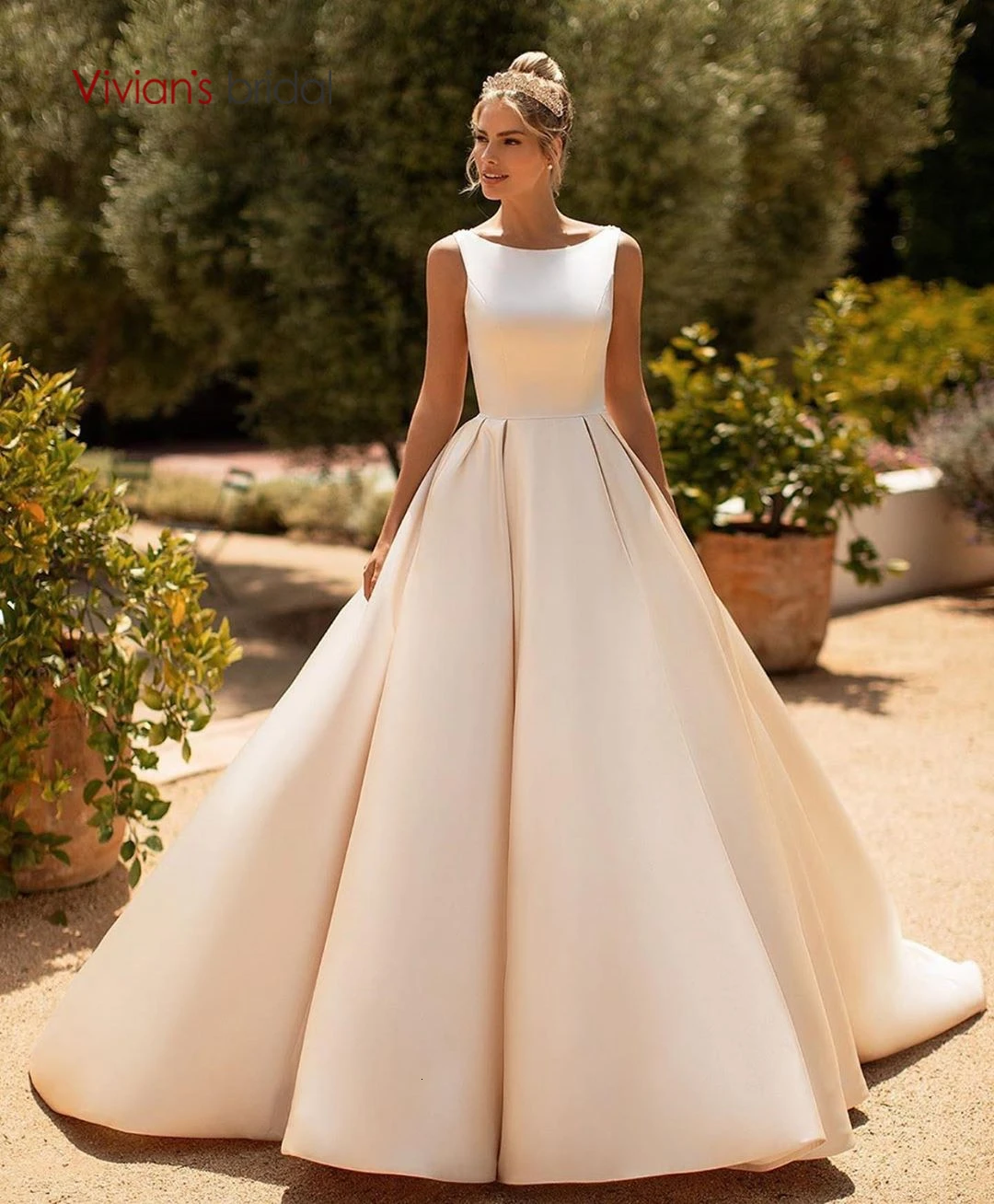 Vivian's Bridal винтажное атласное свадебное платье Элегантное с o образным вырезом