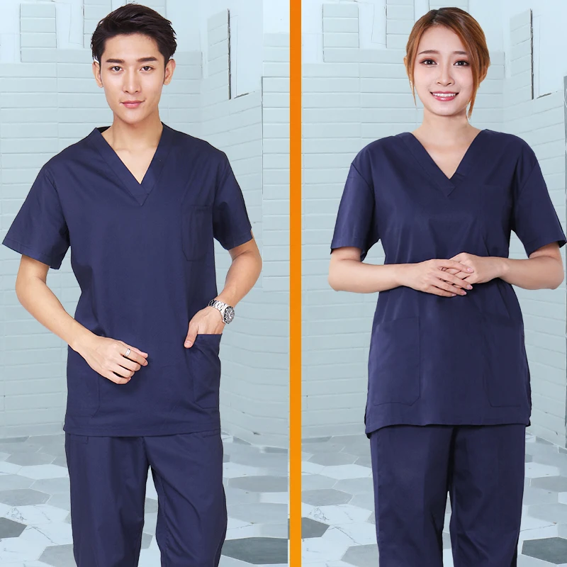 Women Men Medical Clothing Unisex Scrubs Set V-neck Short Sleeve Top + Pants with Elastic Waistline Pure Cotton Workwear