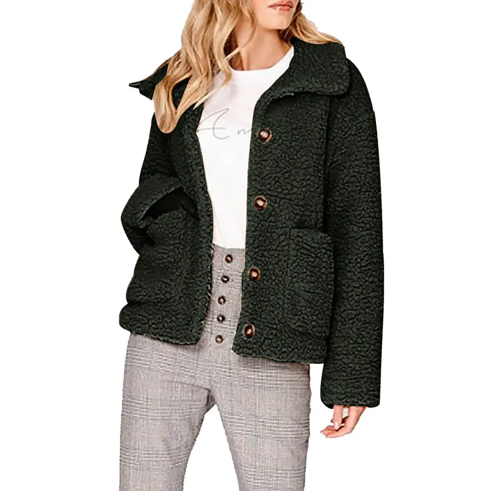 Chaquetas mujer женский флисовый кардиган, теплая куртка, курка, женский топ с лацканами, длинный рукав, одноцветная куртка на пуговицах - Цвет: Зеленый