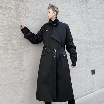 

Male Streetwear Punk Gothic Vintage Loose Overcoat Jacket Cardigan Windbreaker Men's Belt 3/4 Long Loose Casual Trench Coat