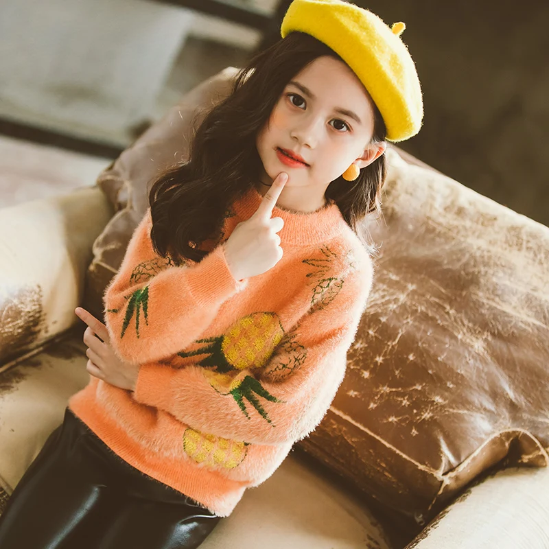 Новые милые зимние свитера для девочек свободные вязаные детские топы с принтом ананаса, одежда для маленьких девочек Vestidos, для детей 6, 8, 10, 12 лет