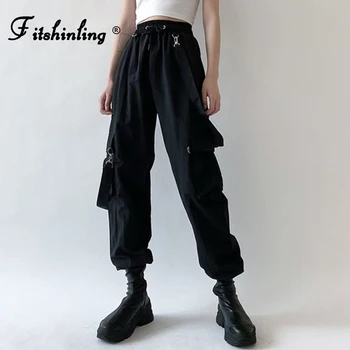 

Fitshinling BF Style Overalls Cargo Pants Women Clothing Belt Black Athleisure Sporty Joggers Casual Loose Trousers Female Sale