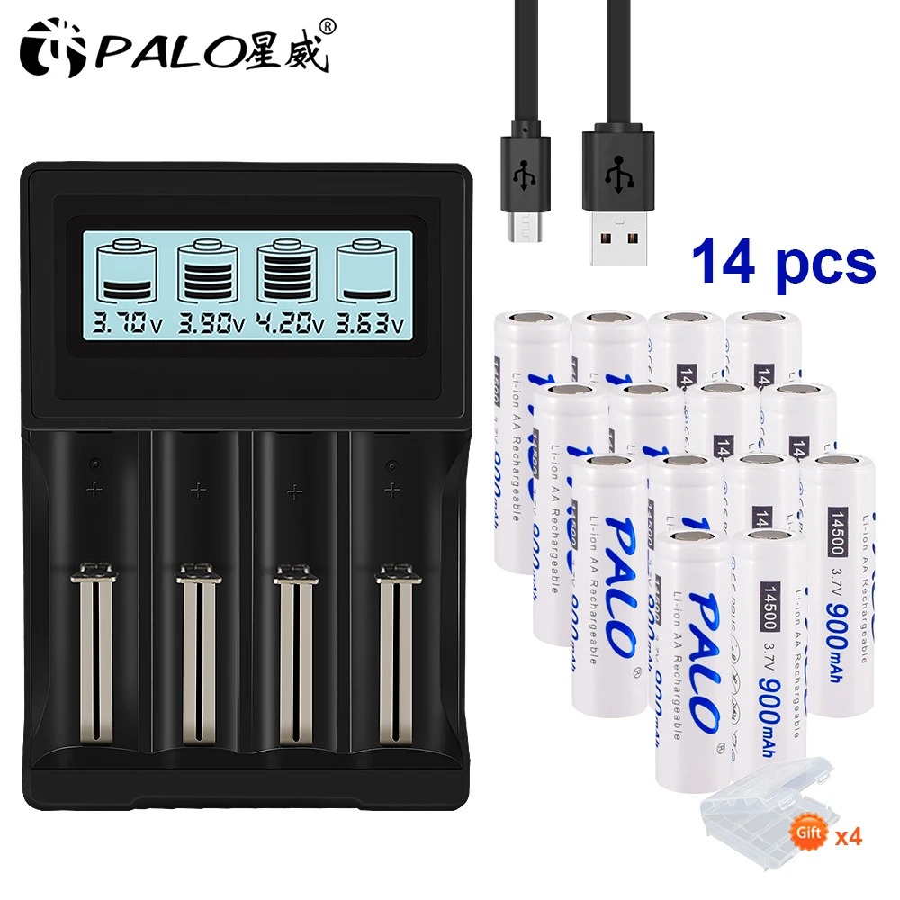 14pcs and charger PALO 3.7V 18650 battery charger for 18650 26650 16340 14500 lithium battery+14500 AA Li-Ion Rechargeable Battery - Цвет: 14pcs and charger