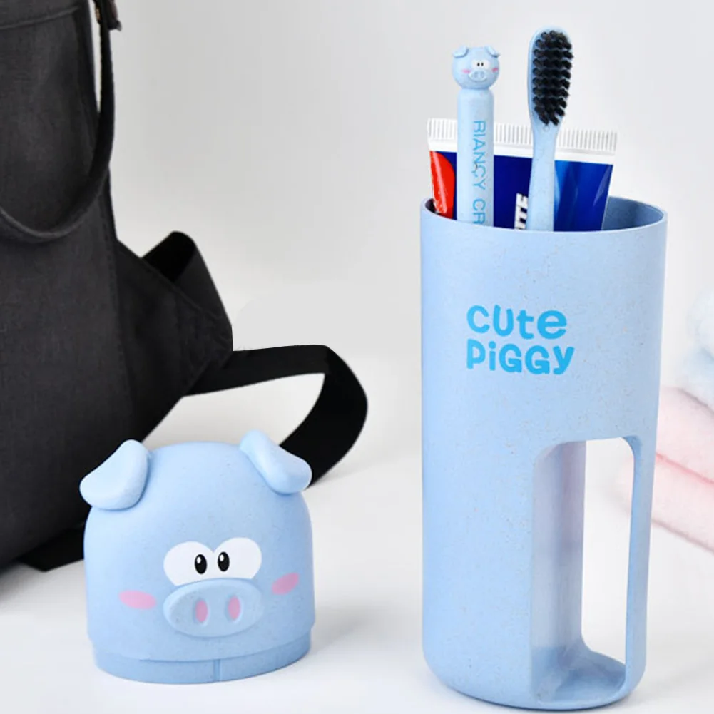 Travel Organizer Storage Wheat Fiber Washing Cup Set Household Cute Piggy With Toothbrush Cartoon Case Accessories Holder - Цвет: Синий