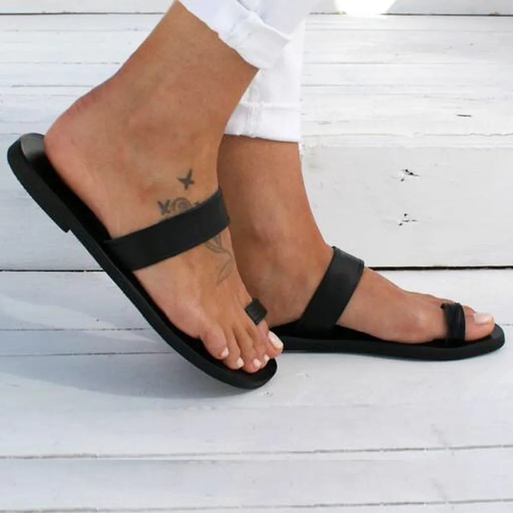 Women's Slippers Spring Summer Beach Casual Shoes Ladies Solid Flat Heel Slippers Beach Slides Roman Leather Flip Flops Hot