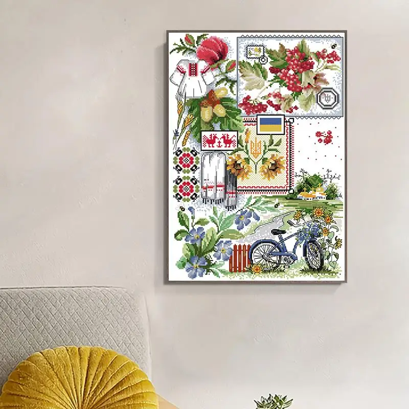 Field scenery cross stitch DIY flower bicycle pattern 11CT 14CT canvas printing needle and thread embroidery kit Christmas gifts