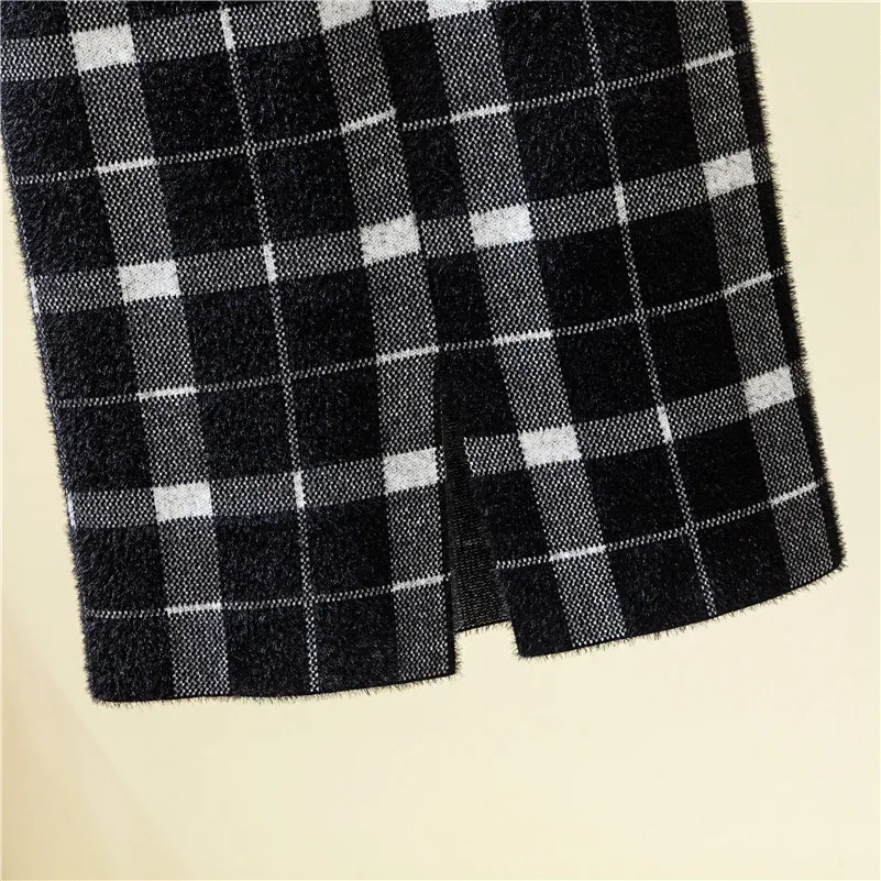 Новинка весны, Женские клетчатые прямые трикотажные юбки с высокой талией, теплая Повседневная юбка миди с разрезом, B9D407S