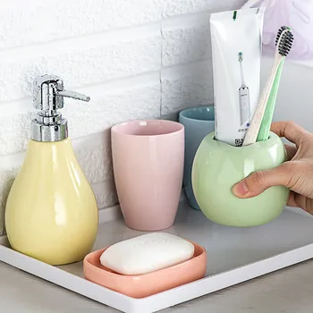 

4ps/5ps Ceramic Bathroom Accessory Set Nordic Washing Tools Bottle Mouthwash Cup Soap Toothbrush Holder Household Articles