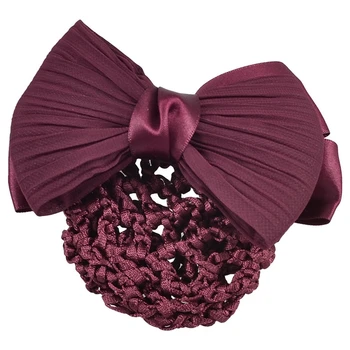 

Burgundy Bowknot Snood Net Barrette Hair Clip Bun Cover for Woman