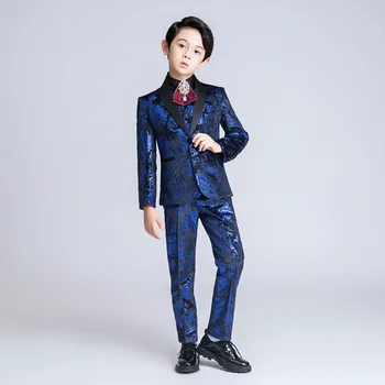 

YuanLu 2019 Boys Suits Luxury Velvet Suits For Wedding Blue Flower Print Blazer Coat Formal Kids Suits Party Toddler Clothes