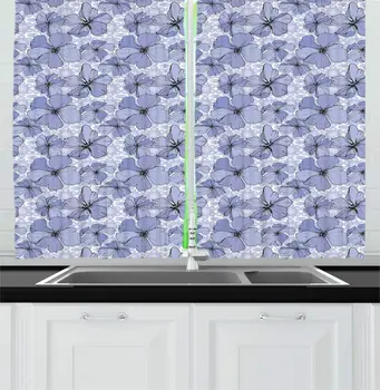 

Lavender Blue White Garden Kitchen Curtains Monochrome Flower Bouquet Field Summer Foliage Revival Season Beauty Window Drapes