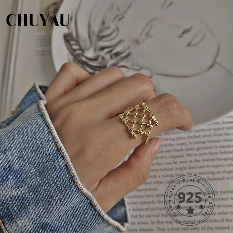 Chuyau 925 пробы серебряные плетеные сетчатые кольца Золотой Простой Элемент дизайн