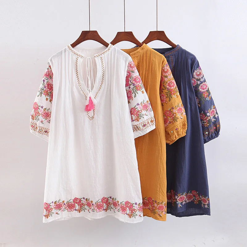 

2019 Spring Europe And America WOMEN'S Dress New Style Ethnic-Style Embroidered Lantern Sleeve Holiday Dress 9194
