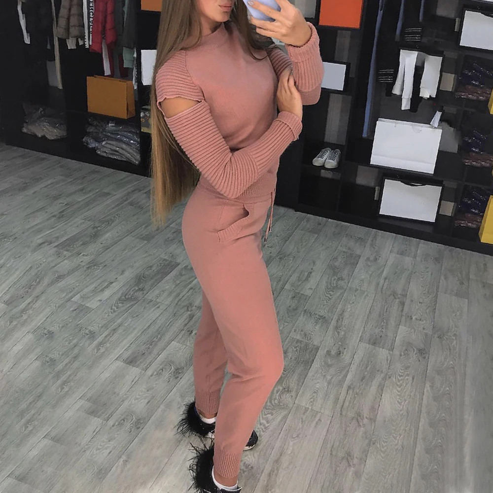

2019 Autumn Knitted Women Tracksuit 2 Piece Sets Open Shoulder Sleeve Pullovers Tops Knitted Pants Casual Knit Sport Suit