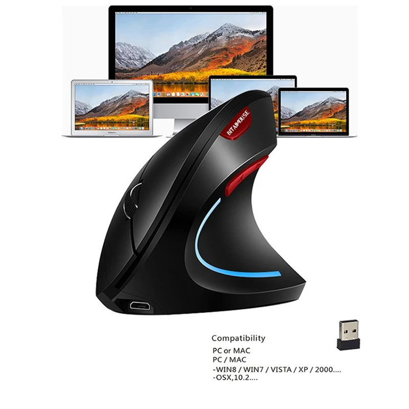 2400DPI Vertical Wireless Mouse 2.4GHz USB Rechargeable Gaming Mouse for Macbook/Dell/Lenovo PC Laptop Mouse Gamer Office