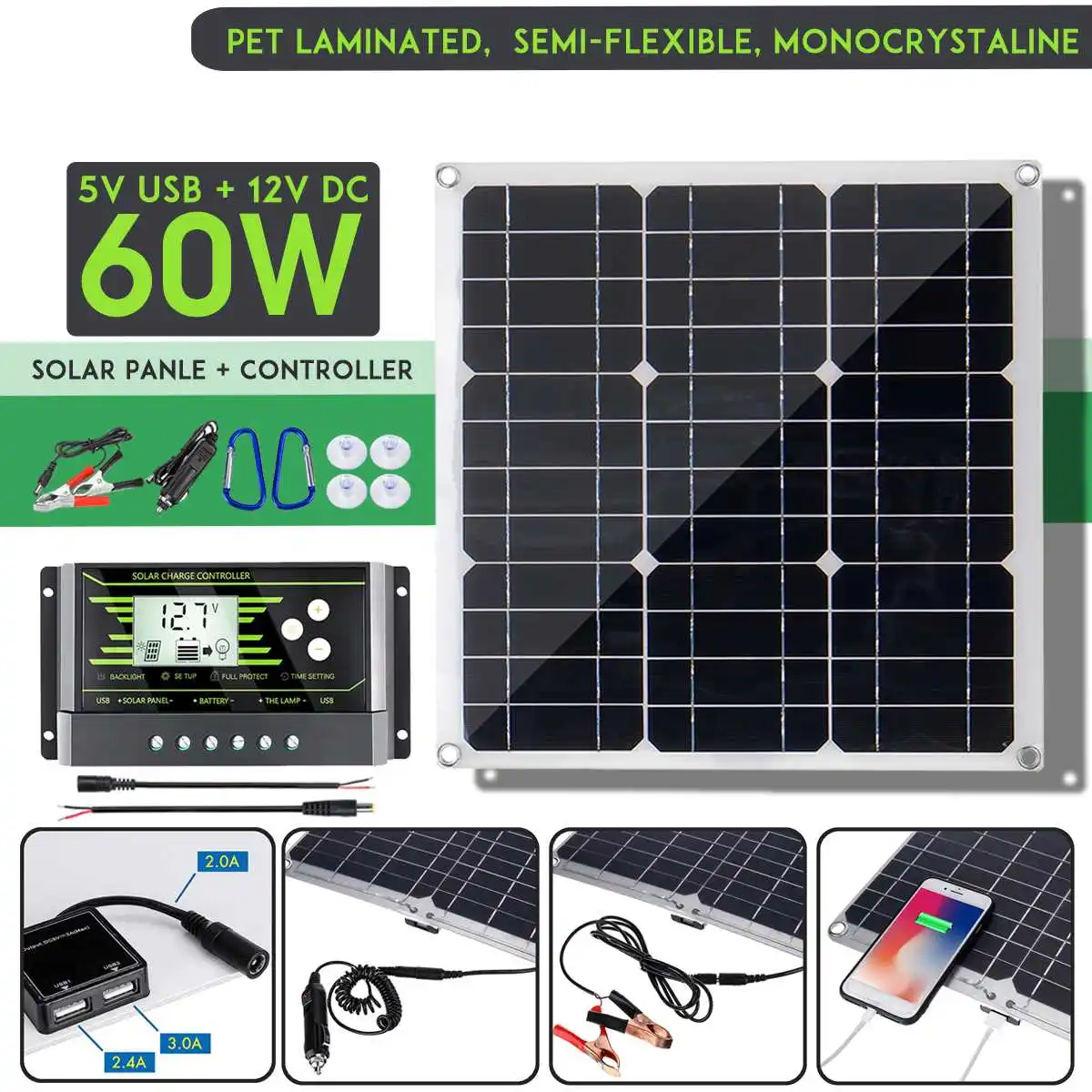 

New 60W 18V Mono Solar Panel Dual 12V/5V DC USB Monocrystaline Flexible Solar Charger With 10A 12V/24V PWM Controller