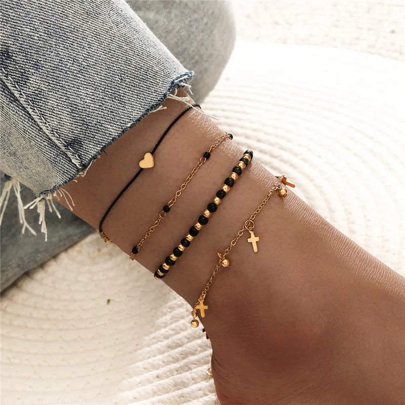 4Pcs/Set Vintage Boho Anklets Handmade Beads Heart Cross Charm Bracelet For Ankle Wholesale Female Leg Jewelry 4Pcs/Set Vintage Boho Anklets Handmade Beads Heart Cross Charm Bracelet For Ankle Wholesale Female Leg Jewelry