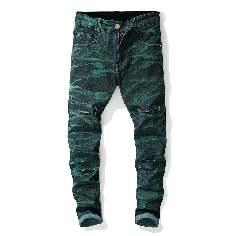 

Men Jeans2019 spring new Men straight jeans in Europe and the hole in the knee tie-dye long pants