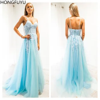

HONGFUYU Baby Blue Tulle Prom Dresses 2020 Spaghetti Straps A-line Applique robe de soiree Evening Dress Party Night Back Lacing