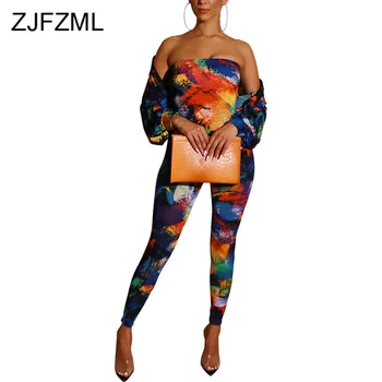 

Rainbow Tie Dyeing Sexy 2 Piece Matching Sets Women Strapless Backless Skinny One Piece Jumpsuit + Full Sleeve Coat Sweat Suits
