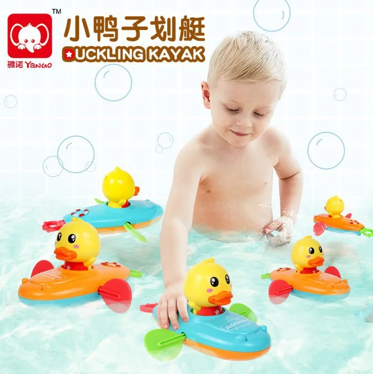 Summer New Style Water Toys Warrior Rowing Small Yellow Duck Boating Bath Play with Water Children Bathroom Winding Toy