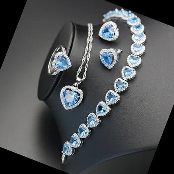 

Ms Jewelry Set European American Fashion Blue Zircon Water Drop Necklace Earring Ring Bracelet 4-piece Female Clothing Accessori