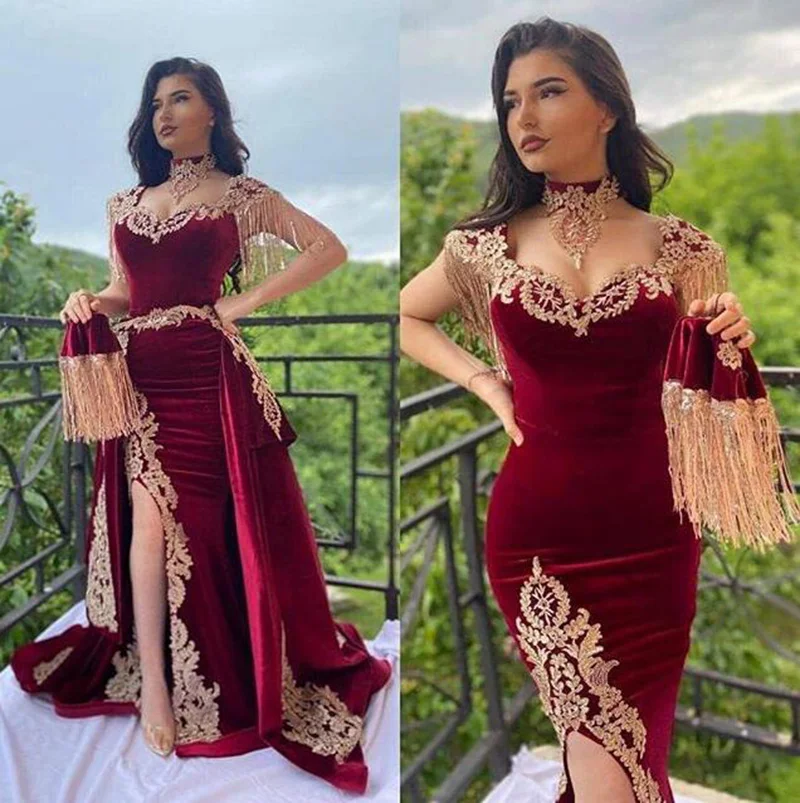

2021 Morocco Kaftan Evening Dress with Detachable Skirt Two Pieces Red Mermaid High Neck Velvet Prom Gown Arabic Party