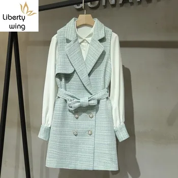 

Patchwork Long Sleeve Shirts Dresses Double Breasted Sashes Sleeveless Waistcoats Womens Autumn Elegant Two Pices Dress Outfits