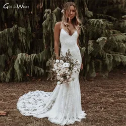 Sexy Spaghetti Straps Mermaid Wedding Dress V-neck Lace Court Train Backless Bridal Gowns Vestidos De Novia White Bride Dresses