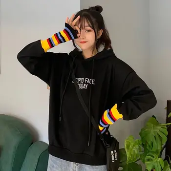 

Hoodies Autumn Winter New Fake Two Pieces Patchwork Hoodie Casual Letter Stripe Long Sleeve Hooded Pullover For Women