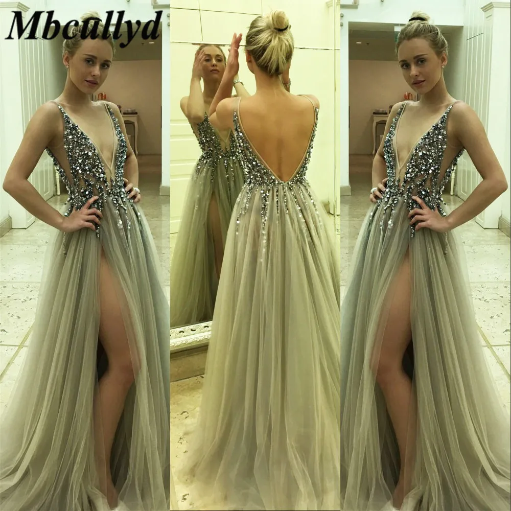 

Mbcullyd Sparkling Crystal Beads Prom Dresses 2019 Elegant Tulle Long Evening Dress Pageant For Women Plus Size Vestidos De Gala