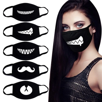 

3pcs/pack Cotton Breathable Adult Washable Mask Dust-proof Sun Protection Mask Cute Smile Expression Decorative Black Mask Props