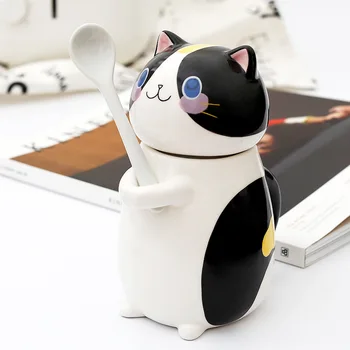 

Cat Cup Kitten Modelling Ceramic Coffee Mug With Lid and Spoon Cartoon Drink Water Milk Mugs Nice Gift Friend Present Souvenir