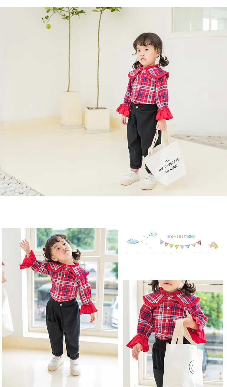 Baby Girl Flare Sleeve Shirt Toddler Infant Autumn New Kids Girls Long Sleeve Plaid Blouse Children's Cotton Top Tee Girl Blouse