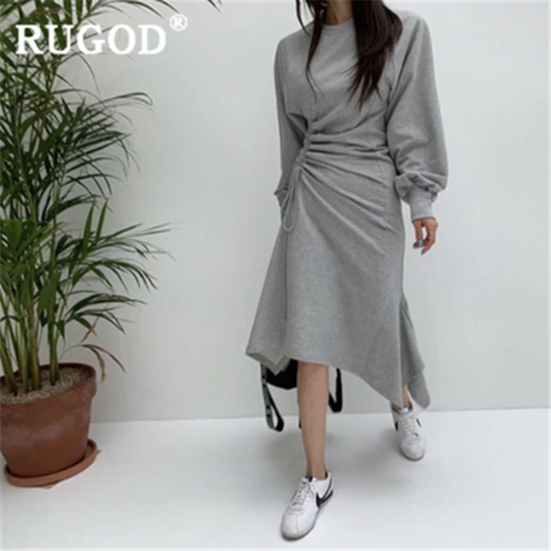 Серый RUGOD Новое Осеннее длинное платье ropa mujer с круглым вырезом, в полоску, на шнуровке, тонкое асимметричное платье, модное женское Повседневное платье в Корейском стиле - Цвет: Серый