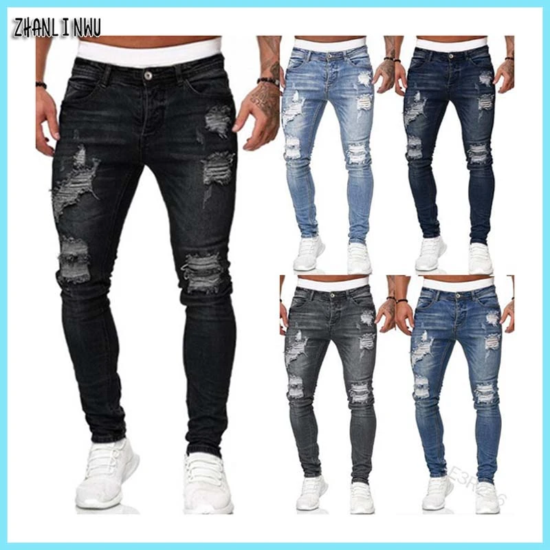 slim jeans Streetwear Fashion Black Ripped Jeans Men Skinny Slim Fit Blue Hip Hop Denim Trousers Casual Jeans for Men Jogging jean homme stretch jeans