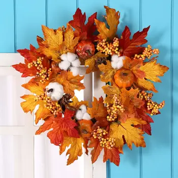 

Maple Leaves Fall Wreath with Light String For Autumns Harvest Garland Thanksgivings Home Party Front Door Window Decor