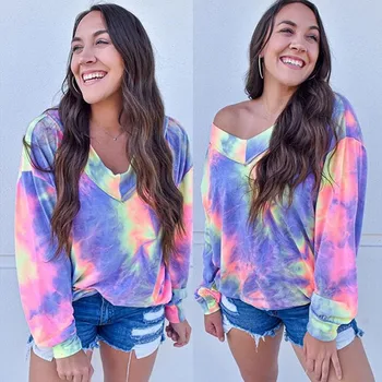 

Women's V-Neck Casual Cloth Sweatshirts Tops Rainbow Pullover Comfortable Long Sleeve Shirt Tie-dye Hooded Sweatshirts
