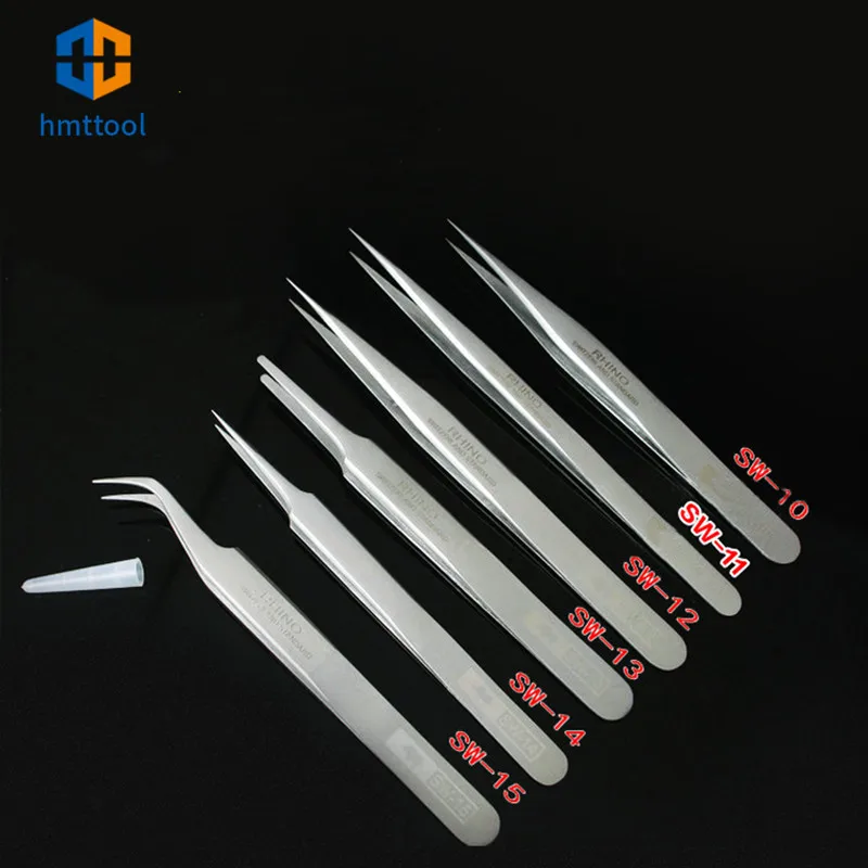 

10pcs/lot Anti-Magnetic Anti-Acid RHINO SW 10 - SW 15 Tweezers Set Switzerland Standard Tip Precision Forceps Phone Repair Tools