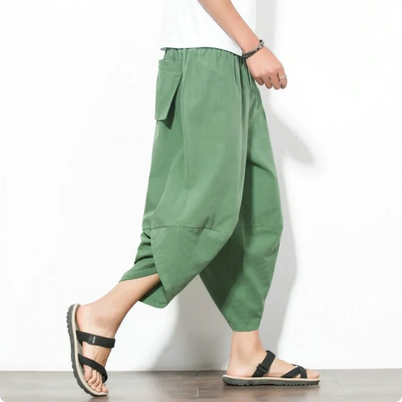 green Летние льняные мужские короткие брюки Pantalones Hombre Pantacourt Homme Модные свободные брюки с заниженным шаговым швом высокого качества для мужчин - Цвет: green
