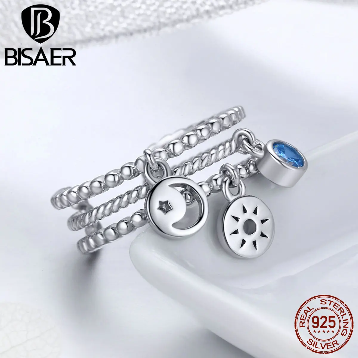 BISAER, подлинное 925 пробы, серебряное, синее, CZ, тройной слой, круглая луна и солнце, свободный размер, кольца для пальцев, для женщин, коктейльное кольцо, GXR350