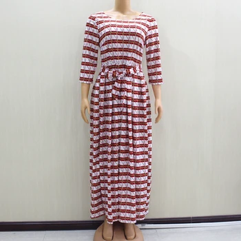 

Fashion Print Sashes High Elastic Waist Dresses Zippers African Winter Stripe Half Sleeve Women Maxi Dresses
