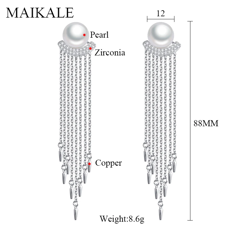 Женские длинные серьги-подвески MAIKALE, популярные висячие серьги золотистого/серебристого цвета с жемчужинами из фианита, ювелирные изделия