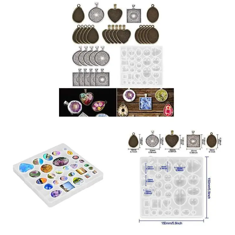 Newly 31 Pieces 5 Styles Pendant Trays Round Square Heart Oval Teardrop Jewelry Casting Molds